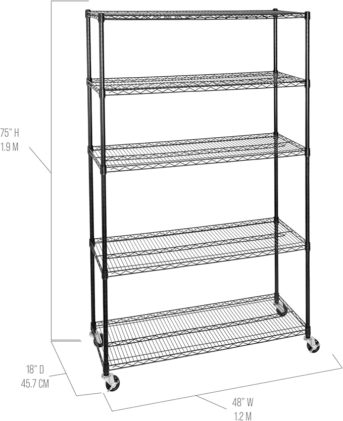 Seville Classics UltraDurable Heavy Duty NSF Solid Steel Wire Rack Storage Unit, Organizer for Garage, Warehouse, Office, Restaurant, Classroom, Kitchen, Black, 5-Tier Shelving, 48" W x 18" D-Ruum Studio Home