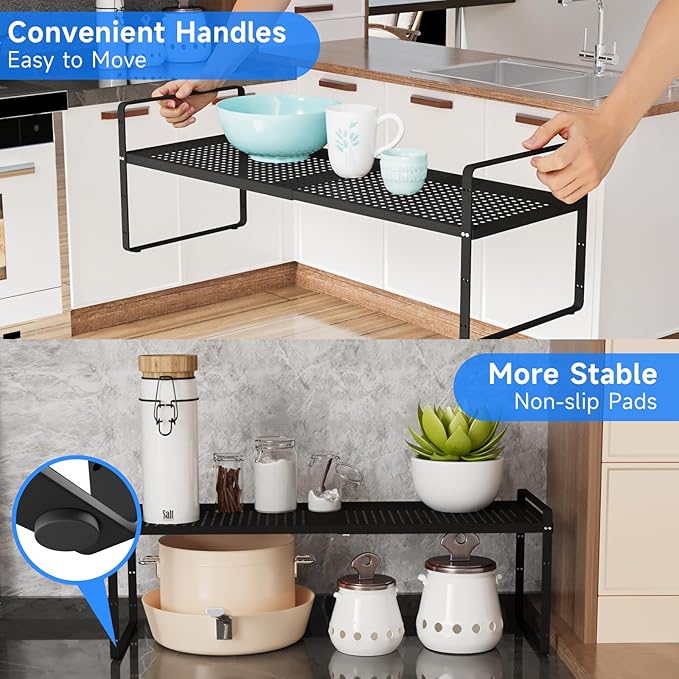 Expandable Cabinet Shelf Organizers, Kitchen Small Stand Rack Organization for Tabletop Countertop Cupborad Pantry, Black 2 Pack-Ruum Studio Home