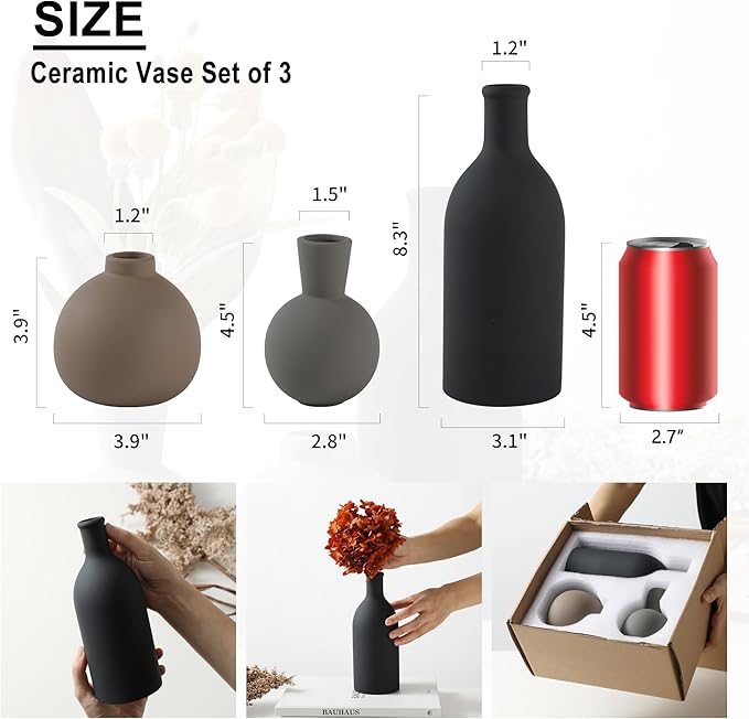 Ceramic Vase Set of 3, Vases Home Decor Rustic Farmhouse Decor Pottery Vases for Bouquet Pampas Grass Dried Fresh Flowers, Living Room, Kitchen, Bedroom, Bathroom, Entryway Mantel, Decor -Multicolor-Ruum Studio Home