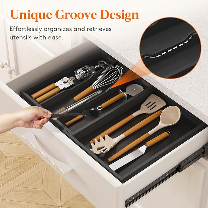 Lifewit Utensil Drawer Organizer, Expendable Cooking Silverware Tray for Kitchen Drawer, Bamboo Adjustable Cutlery Flatware Holder, Spatula Tools and Gadgets Storage Divider, 4 Compartments, Black-Ruum Studio Home