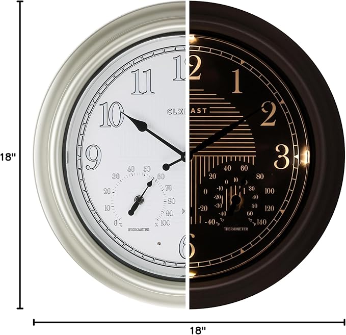 CLXEAST 18 Inch Illuminated Outdoor Indoor Atomic Analog Wall Clock with Temperature & Humidity Combo, Lighted Outdoor Clocks for Patio Large Waterproof with Thermometer, Modern Morning Silver/Gold-Ruum Studio Home