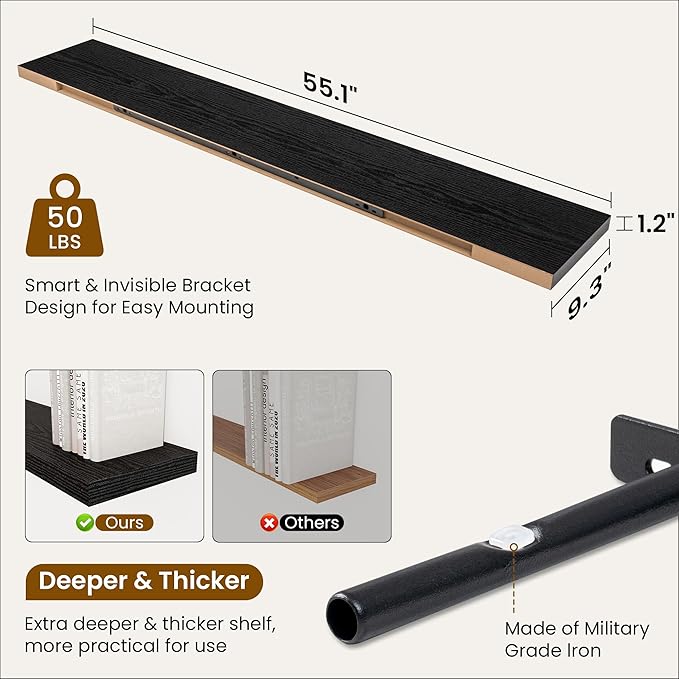 Fun Memories 55 Inch Fireplace Mantel Shelf -Long Floating Shelves, Deep Wall Mounted Farmhouse Display Shelves with Invisible Heavy Duty Metal Bracket, Black, 2 Pack-Ruum Studio Home