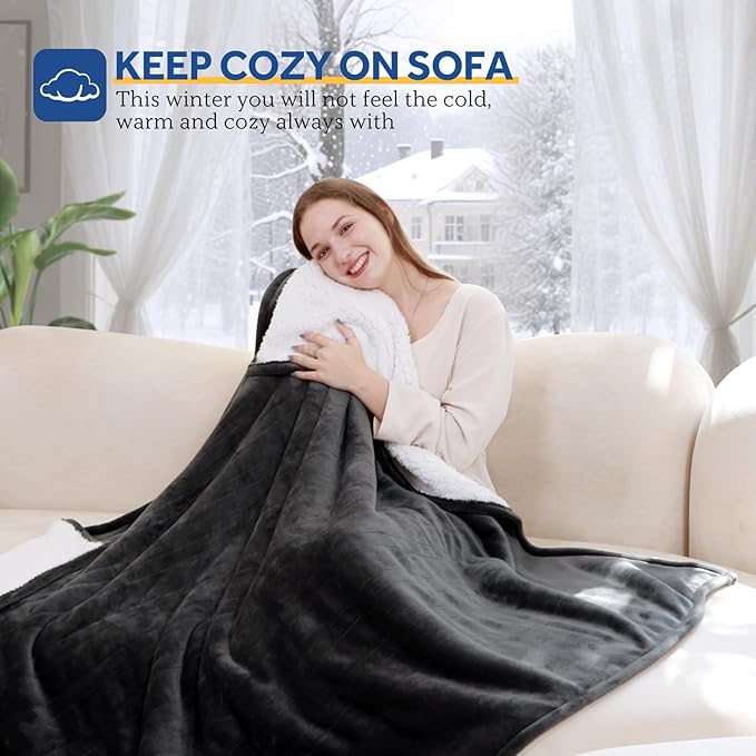 Sealy Electric Blanket Throw Size 50"*60",Super Cozy Flannel to Sherpa Reversible Heated Blanket Throw with 6 Heating Levels & 2-10 Hours Auto Off Overheating Protection Machine Washable,Charcoal-Ruum Studio Home