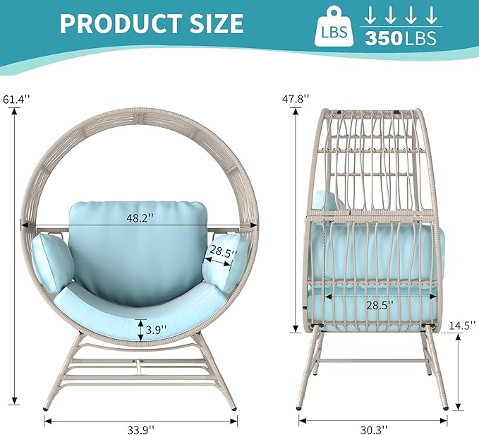 Egg Chair Outdoor Indoor, Oversized Rattan Chair with Thicken Cushion, 350LBS Capacity Wicker Patio Lounge Chair, Basket Chair for Living Room Balcony Porch Backyard, Blue-Ruum Studio Home