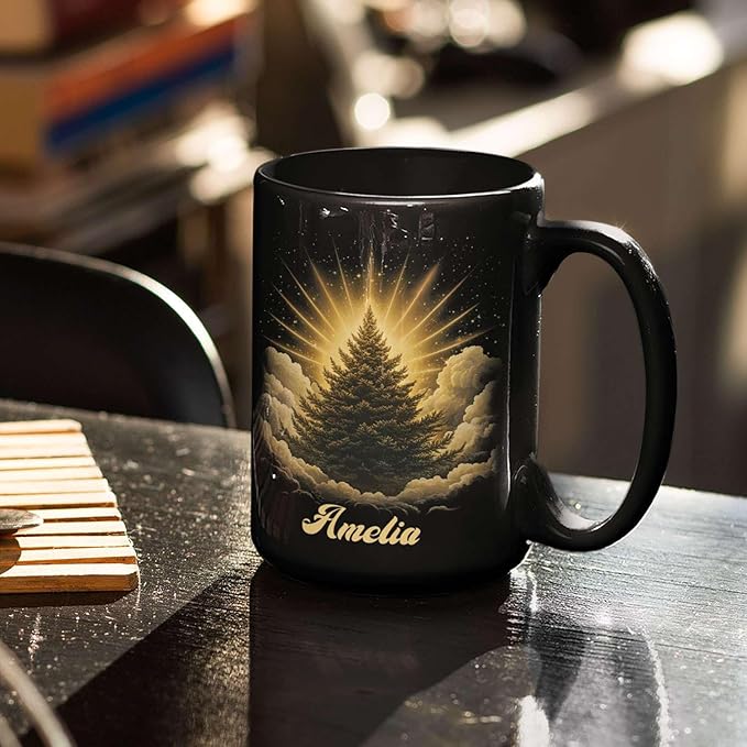 Spiritual Nature Themed Ceramic Cup, Custom Name Coffee Mug 11oz or 15oz, Personalized Pine Tree Black Cup for Christmas, Custom Winter Season Coffee Mug, Gifts for Friends, Family-Ruum Studio Home