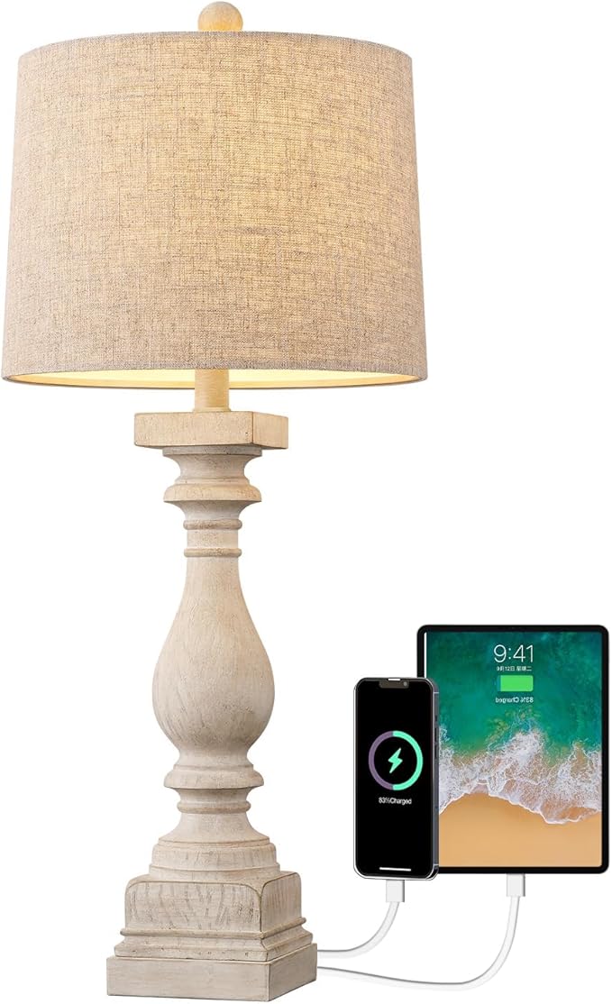 BOBOMOMO Retro 27" USB Charging Ports A/C Wash-White Farmhouse Lamps for Bedrooms Side Table Lamps Bedside Lamp for Nightstand Living Room 1 Pack-Ruum Studio Home