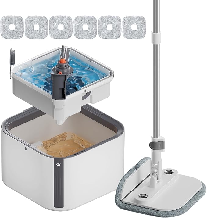 KZKR Spin Mop and Bucket Set with Self Separation Dirty and Clean Water System, Self Wringing 360° Rotating Square Mop Head for Home Floors Cleaning (2.0 Mop and Bucket Set (6 Pads) Ship by Amazon)-Ruum Studio Home