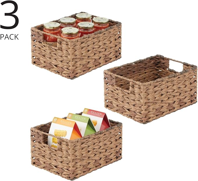 mDesign Woven Farmhouse Kitchen Pantry Food Storage Organizer Basket Bin Box - Container Organization for Cabinets, Cupboards, Shelves, Countertops - Store Potatoes, Onions, Fruit, 3 Pack, Brown Ombre-Ruum Studio Home
