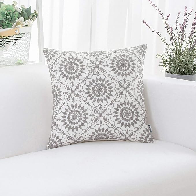 HWY 50 Gray Grey Decorative Throw Pillow Covers 18x18 Inch, Pack of 2 Embroidered Cotton Farmhouse Cushion Cover Pillow Case for Sofa Couch Living Room Bed Bedroon, Little Sunflower Design-Ruum Studio Home