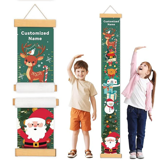 Personalized Name Growth Chart Wall Decor for Kids – Canvas Removable Height Chart Measuring Ruler 59" x 7.9" （Christmas Deer）-Ruum Studio Home