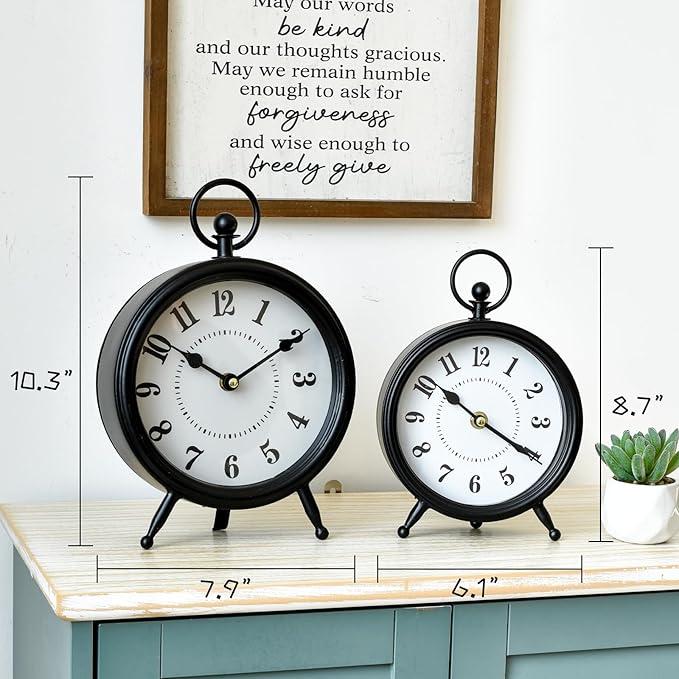 Vintage Black Table Clock on Stand, Decorative Desk and Shelf Clock，Decorative Battery Operated Table Top Clock for Living Room，Silent Non-Ticking(Small)-Ruum Studio Home