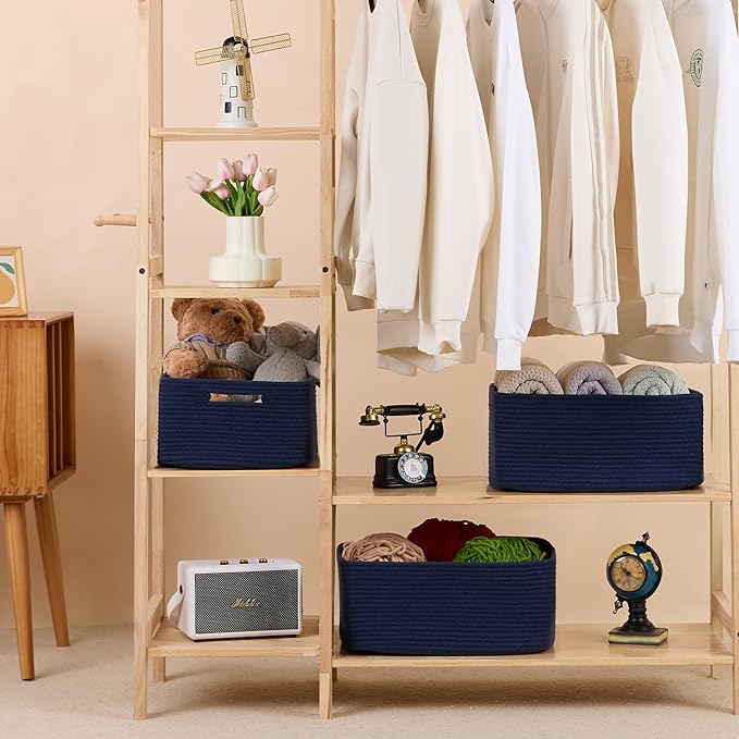 Large Storage Baskets for Organizing, Closet Shelf Baskets for Clothes Blanket Towels, Baby Nursery, Toy Bins Box, Woven Rope Baskets, 17 x 13 x 7.5”, 4 Packs Navy Blue-Ruum Studio Home