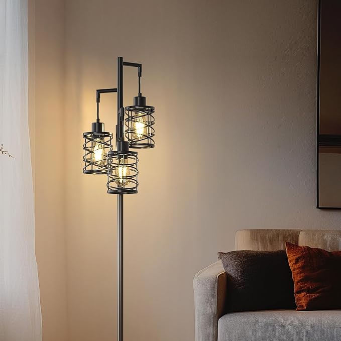 Oneach 70" Industrial Floor Lamp, Stepless Dimmable Standing Lamp with 3 Bulbs, Farmhouse Corner Standing Tree Lamp for Living Room, Tall Lamps for Bedroom, Office, Study Room, Dining Room, Black-Ruum Studio Home
