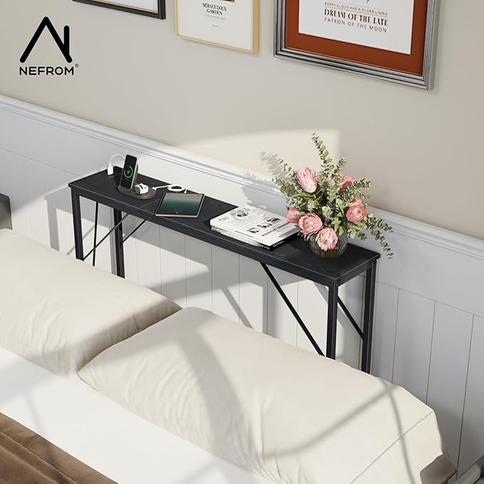 39.4" Console Table, Skinny Entryway Table with Fast-Charging Station, Narrow Long Sofa Table, Behind Slim Couch Table for Entrance, Hallway, Living Room Decor ST-BK100-1-Ruum Studio Home