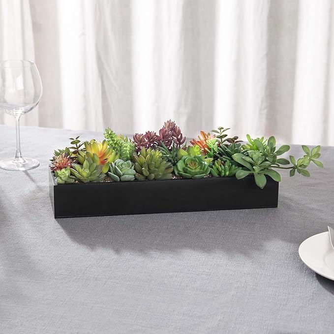 MyGift Artificial Succulent Centerpiece,15.75 Inch Faux Succulents Arrangement Plants in Sleek Black Wooden Rectangular Planter Box-Ruum Studio Home