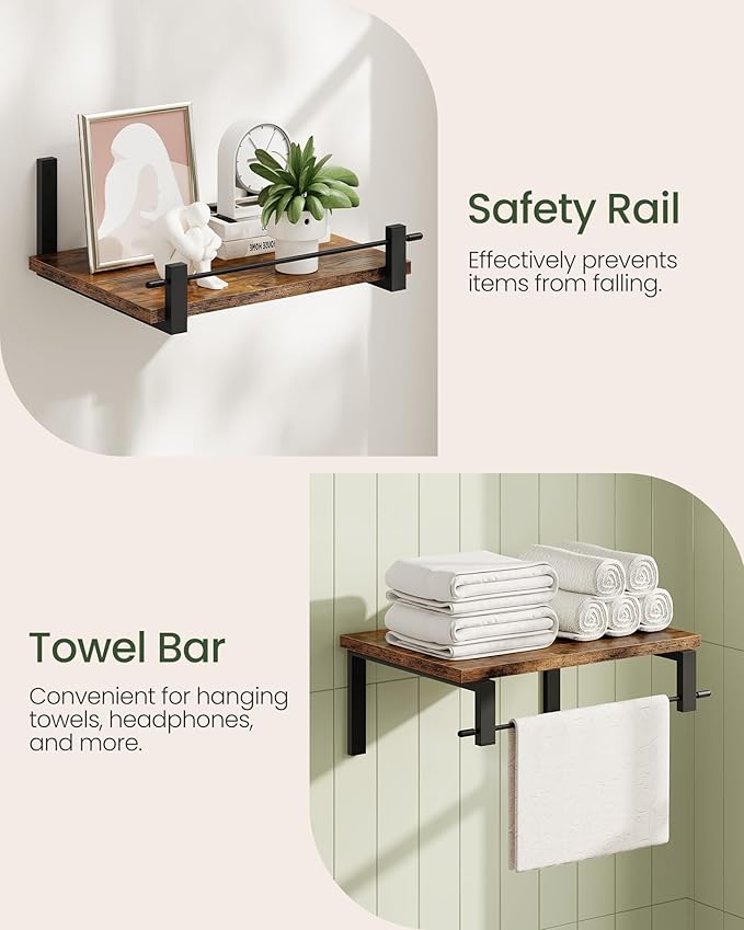 Deep Floating Shelves for Wall, 12 inch Wall Mounted Shelves Set of 2, Wide Floating Shelves for Living Room, Bedroom, Study, Bathroom, Rustic Brown and Black TBJ02P2BF-Ruum Studio Home