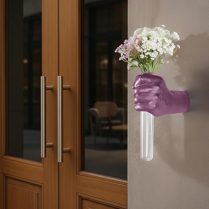 Creative Wall Hanging Sculpture, Artistic Wall Hanging Hand Sculpture with Test Tube vases, Home Decoration Hand Against Wall (Purple)-Ruum Studio Home