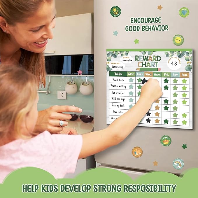 Reward Chart for Kids,Magnetic Behavior Chore Chart for Kids at Home,26 Eucalyptus Chore Charts,1960 Star Stickers,56 Reward Stickers,Incentive Chart to Develop Responsibility and Good Habits,Greenery-Ruum Studio Home