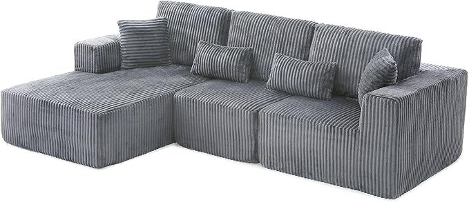 HYJT-H&K Modular Sectional Sofa Cloud Sectional Couch, 107" Comfy Fluffy L Shaped Dark Grey Couches for Living Room, Deep Seat Memory Foam Plush Corduroy Boneless Couch Sectionals Left Facing Chaise-Ruum Studio Home