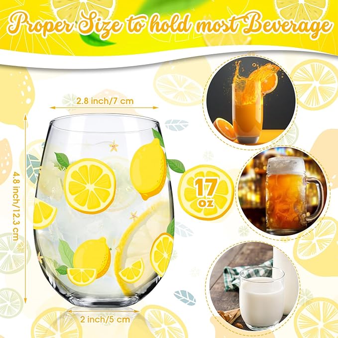 Sliner 2 Pack Lemon Stemless Wine Glasses 17oz Lemon Drinking Glasses Clear Stemless Wine Tumbler Unique Gift for Wedding, Mother's Day Birthday Drinking Party-Ruum Studio Home