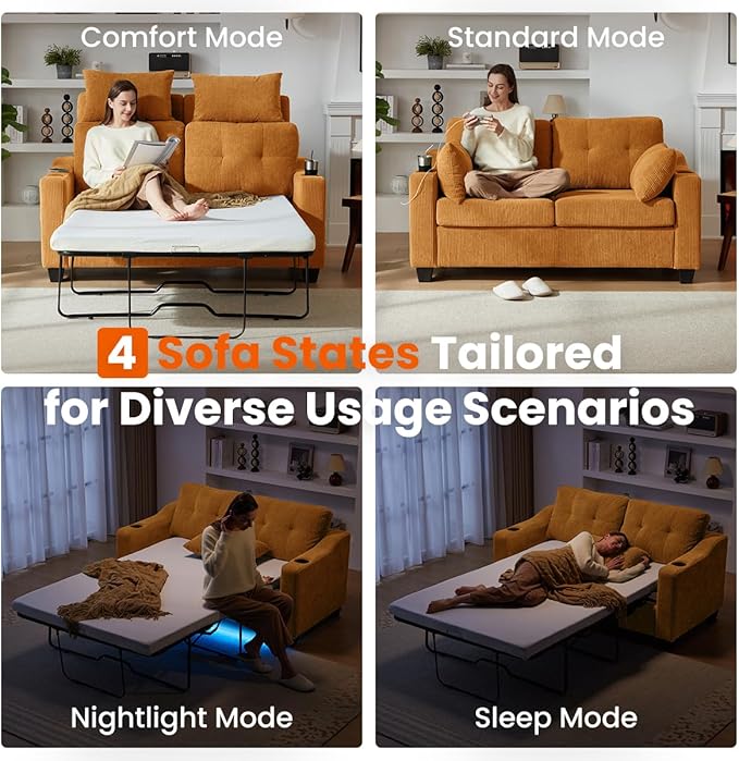 Pull Out Sofa Bed, Full Size Sleeper Sofa, 2-in-1 Convertible Corduroy Couch with USB Charging, Memory Form Couch for Living Room, Apartment and Small Space (Mustard Yellow, Corduroy - Full Size)-Ruum Studio Home