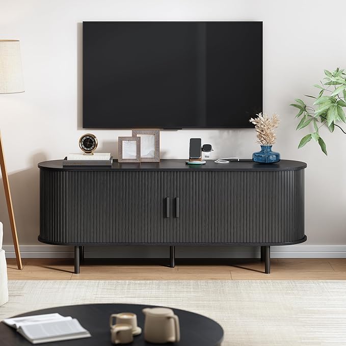 55" TV Stand with Power Outlet, Modern Media Console with Sliding Doors, Entertainment Center for TVs up to 60 Inch, Adjustable Shelves, Black-Ruum Studio Home