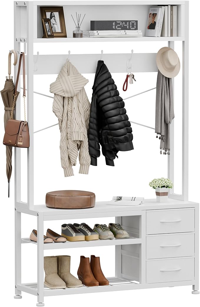 Lulive Hall Tree with Bench and Shoe Storage, 31.5" Coat Rack Freestanding with 2-Tier Storage Shelf, 5-in-1 Entryway Bench Coat Rack with 12 Hooks and 3 Drawers(White)-Ruum Studio Home