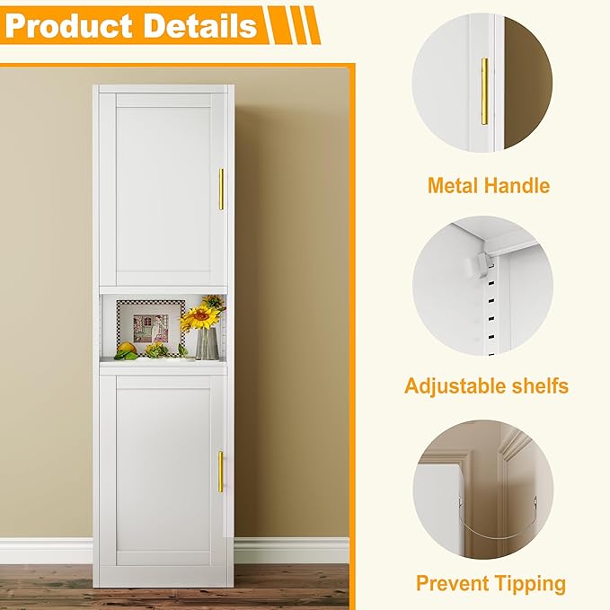 Tall Narrow Storage Cabinet 66.93" H Tall Bathroom Cabinet Metal Pantry Cabinets, 4 Adjustable Shelves for Kitchen, Home Office, Living Room, Dinning Room (20 inches Wide White)-Ruum Studio Home