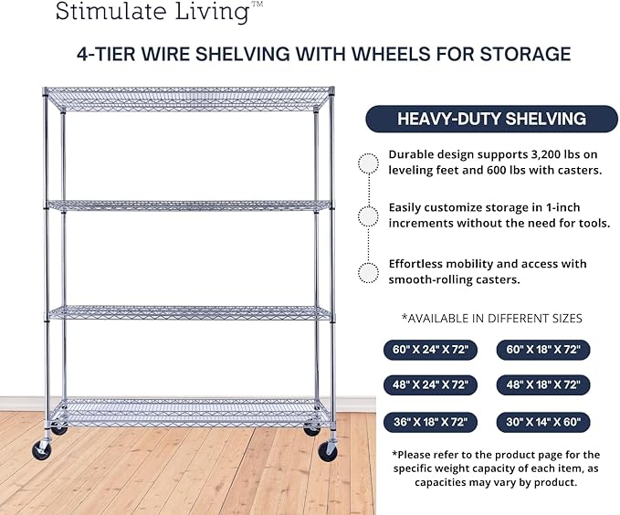 60"x18"x72" Prime Heavy Duty Chrome 4-Tier Wire Shelving NSF 3200 LBS MAX Capacity Storage Rack for Commercial, Hospital, School, Garage, and Kitchen Uses (with Wheels)-Ruum Studio Home