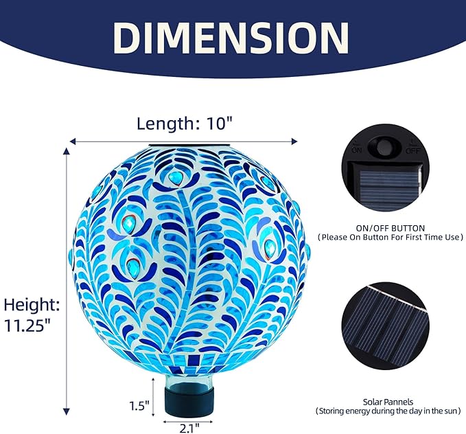 VOREEN Solar Gazing Ball, 10" Mosaic Glass Gazing Globe with Solar Light, Handmade Outdoor Yard Decor Sphere for Patio Lawn Garden, Gift for Mom Wife Friend, Peacock Feather Design (Blue)-Ruum Studio Home