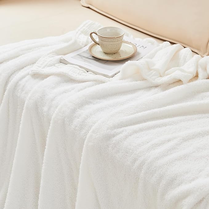 EMME White Throw Blanket Muslin and Fleece Blanket for Women Reversible - 50"*60" Soft & Cozy Warm Lightweight Small Blankets for Couch Bed Picnic Travel Bed-Ruum Studio Home