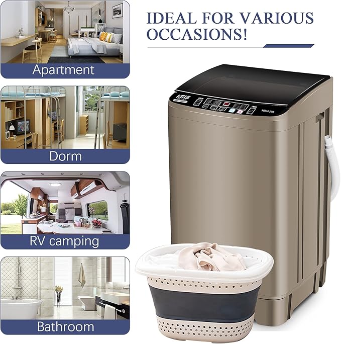 Full Automatic Washing Machine with LED Display, 17.7 lbs Portable Washer Drain Pump, 10 Programs & 8 Water Levels Selections, Ideal for RV, Camping, Apartment, Dorm, Gold-Ruum Studio Home