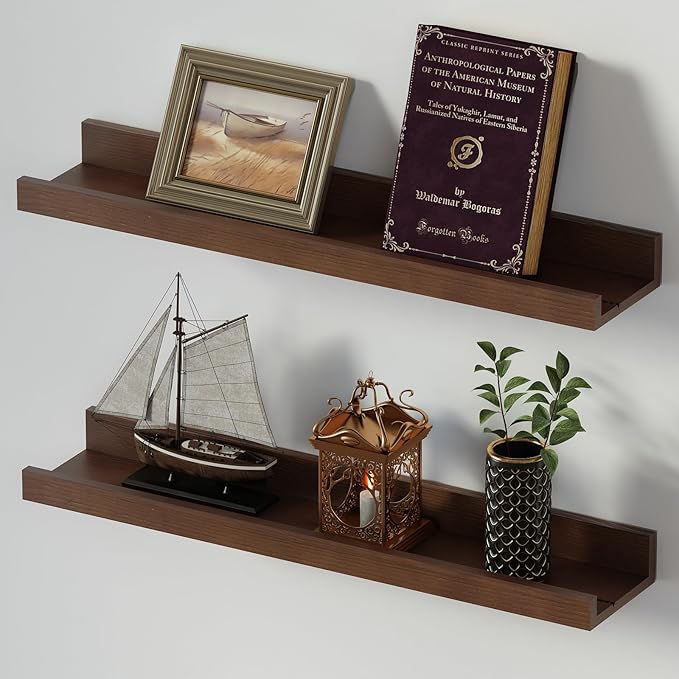 SAUMONIERES Picture Ledge Shelf Floating Book Shelves Set of 2 Wall Mounted Solid Wood for Bedroom Bathroom Living Room Kitchen, 24 Inch Walnut-Ruum Studio Home