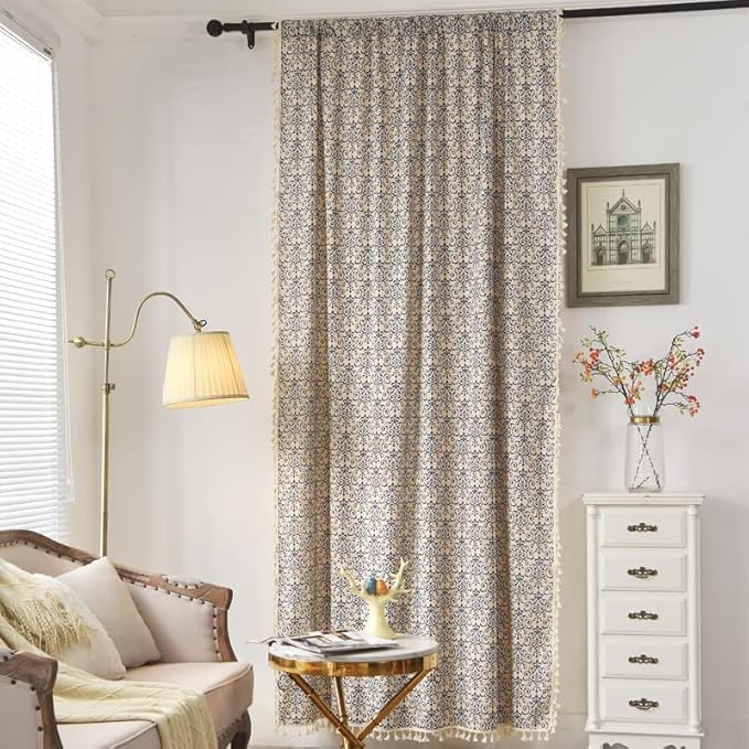 Sutuo Home Boho Curtain 84 Inches Length Semi-Blackout Bohemian Damask Moroccan Florals Print Darkening Curtains Tassels, Rod Pocket Window Treatment Drapes for Bedroom, 1 Panel 59" W x 84" L, Blue-Ruum Studio Home