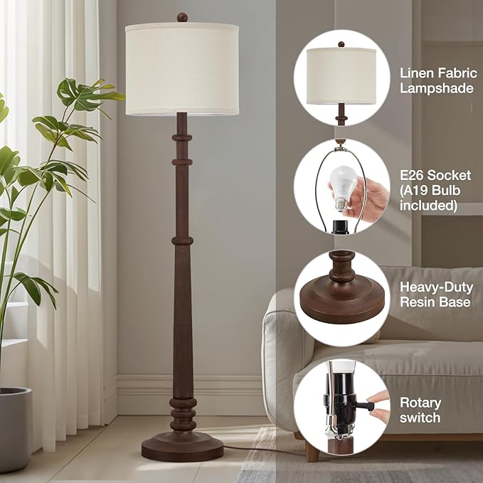 Floor Lamps for Living Room - 60" Resin Farmhouse Floor Lamp with 3 Color Temperatures - Vintage Standing Lamp Reading Light with Linen Shade Tall Lamp for Bedroom Office, Reddish Brown-Ruum Studio Home