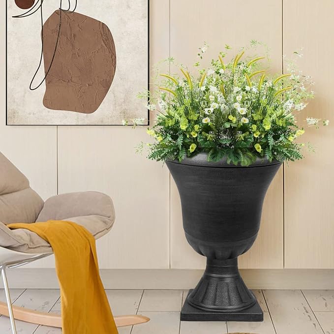 Worth Garden 2-Pack Plastic Urn Planters for Outdoor Plants, 22'' Black Tall Round Classic Resin Traditional Flower Pots - 15 in. Dia. Large Imitation Stone Decorative Pot Patio Deck Front Porch-Ruum Studio Home
