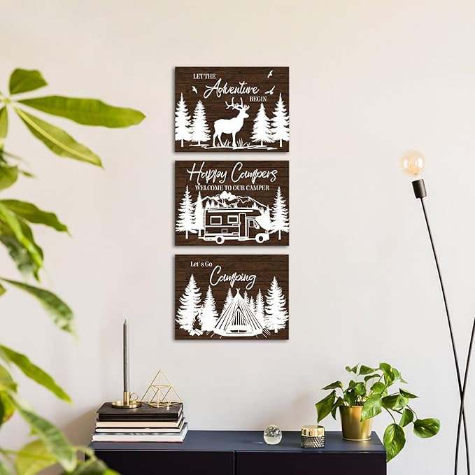 HOMEOART Camper Decor RV Wall Art Happy Campers Adventure Camping Wall Decor Sign, Deer in Forest Farmhouse Cabin Decoration,Framed 12x16inchx3Piece, Rustic Brown-Ruum Studio Home