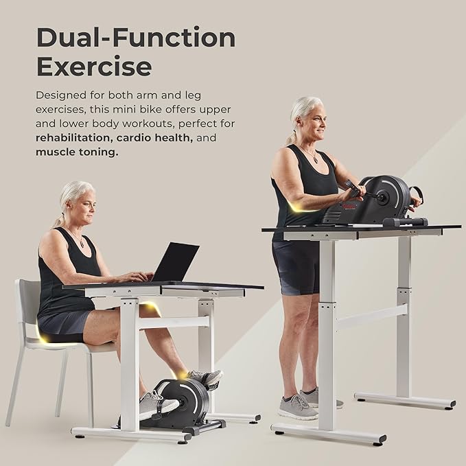 Sunny Health & Fitness Dual Function Under Desk Pedal Exerciser, Portable Indoor Cardio Mini Bike at Home, Arm/Leg Cycle for Seniors, Optional Magnetic, Motorized & Free SunnyFit App Bluetooth Connect-Ruum Studio Home