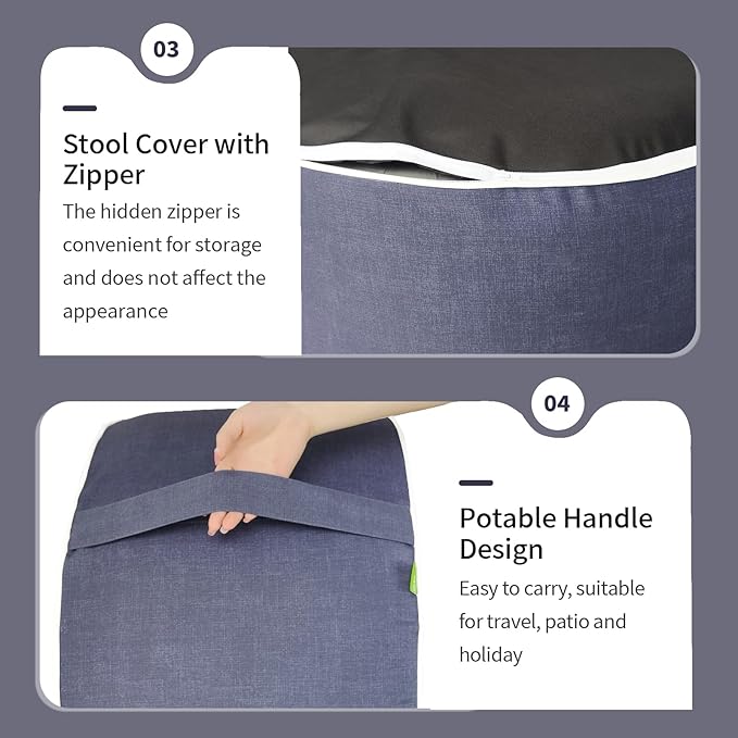 Inflatable Ottoman Stool D21 xH9 for Outdoor/Indoor Use, Water Repellent Patio Foot Rest Stool with Portable Handle,Round Pouf Ottoman Suitable for Garden,Deck and Camping - Textured Navy-Ruum Studio Home