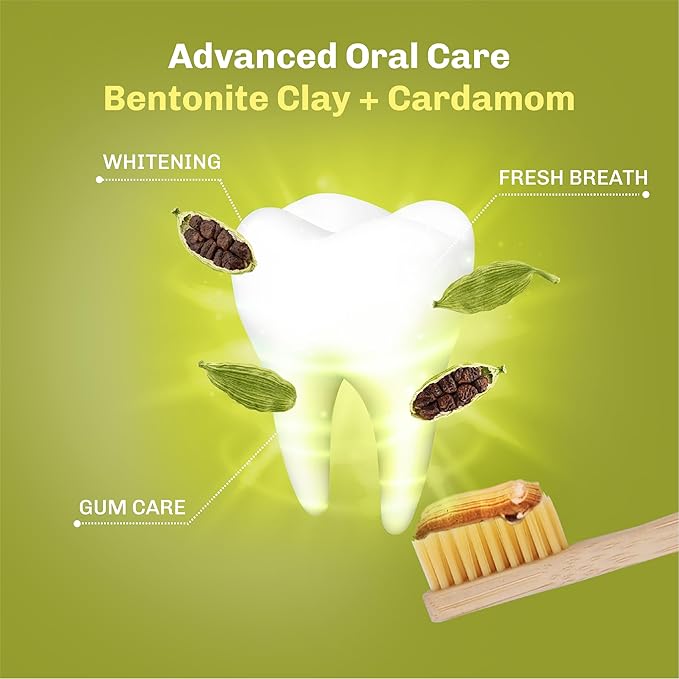 BENTODENT Fluoride Free Remineralizing Calcium Bentonite Clay Toothpaste - Cardamom Flavor Natural Toothpaste, Mint-Free, 3.52 oz - Ideal for Sensitive Teeth & Whitening with Toothbrush-Ruum Studio Home