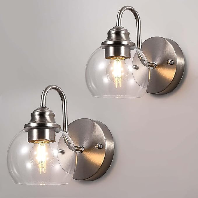 Farmhouse Gooseneck Wall Sconces Set of Two, Bathroom Brushed Nickel Vanity Light, Modern Indoor Wall Light Fixtures with Clear Glass for Bathroom Beside Mirror Living Room Hallway(Brushed Nickel)-Ruum Studio Home