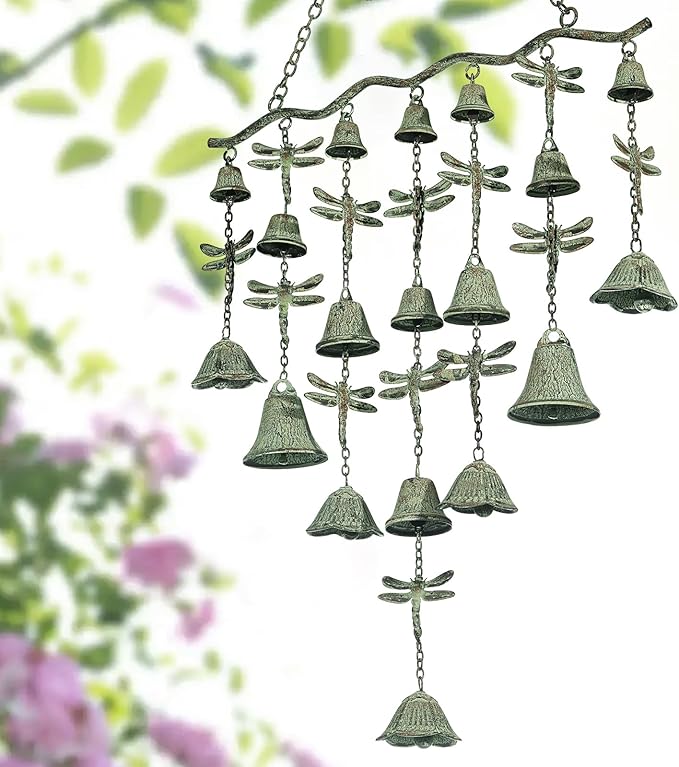 Dragonfly Wind Chimes for Outside, Large Strung Verdigris Windchimes with Wrought Iron Bell for Garden, Patio, Porch Outdoor Decor, Memorial Sympathy-Ruum Studio Home