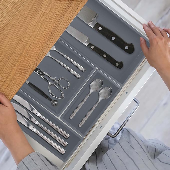 Bamboo Drawer Organizer - Kitchen Utensil Organizer Silverware Tray Cutlery Holder，Office Desk Supplies and Accessories,15 * 5.9 * 2.6,Grey-Ruum Studio Home