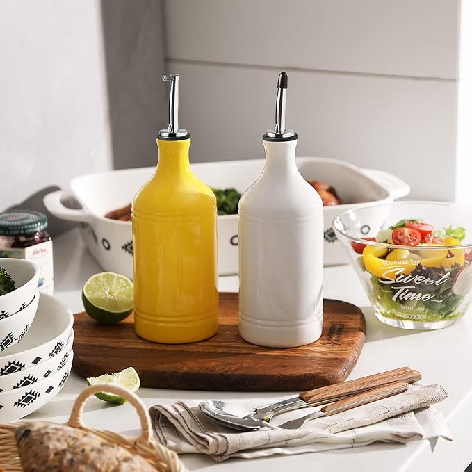 Sweejar Ceramic Olive Oil Dispenser Bottle, Opaque Oil Cruet Protects Oil, Suitable for Storage, Pack of 1, 15.5 Fl Oz (Yellow)-Ruum Studio Home