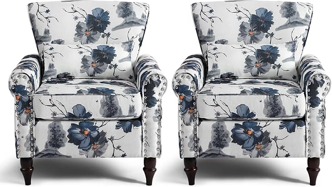 Wingback Accent Chair with Removable Pillow, High Back Floral Armchair with Solid Wood Legs & Nailhead Trim, Comfy Upholstered Reading Single Sofa Chair for Bedroom (2, Ink Blue Pattern)-Ruum Studio Home
