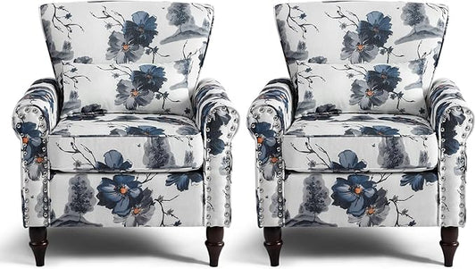 Wingback Accent Chair with Removable Pillow, High Back Floral Armchair with Solid Wood Legs & Nailhead Trim, Comfy Upholstered Reading Single Sofa Chair for Bedroom (2, Ink Blue Pattern)-Ruum Studio Home