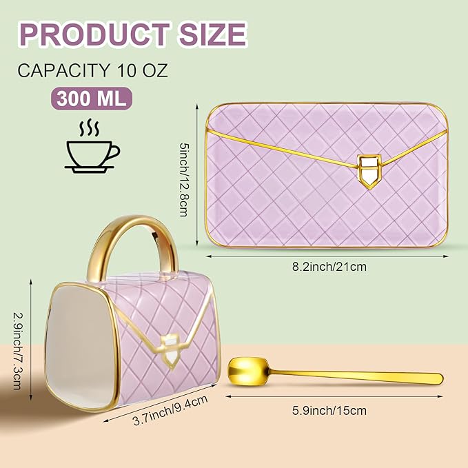 Zubebe 1 Set Coffee Mug Elegant Handbag Shaped Cup Modern Ceramic Purse Mug with Spoon and Saucer, 10oz Cute Creative Tea Cup for Office Home Woman Girls Gift (Purple)-Ruum Studio Home