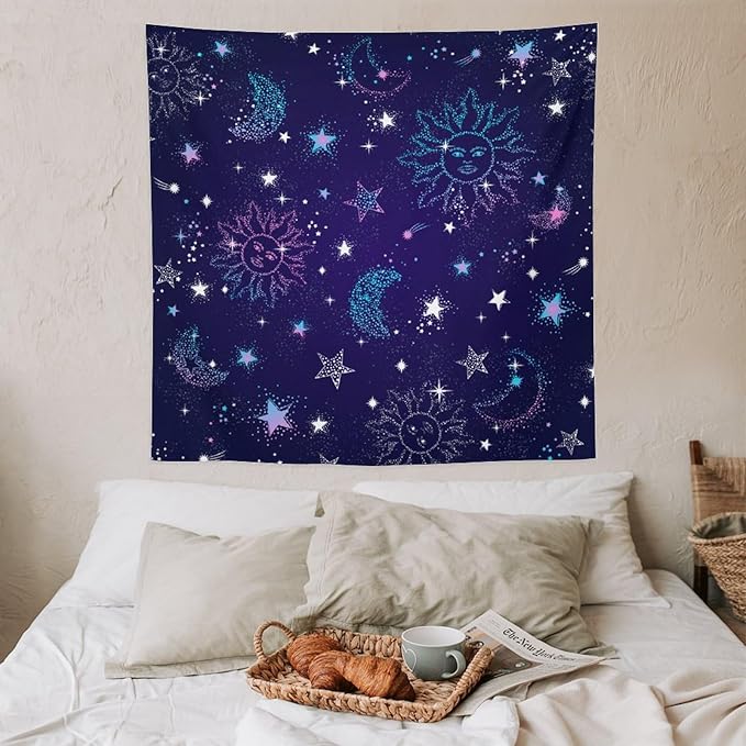 HZOHNAGO Boho Sun Moon Tapestry Purple Blue Sun Stars Galaxy Pattern Printed Wall Tapestry Wall Hanging for Bedroom Living Room Dorm 60" W x 60" H-Ruum Studio Home
