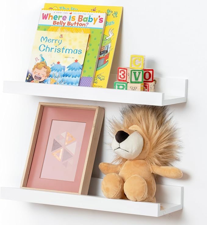 Picture Ledge Shelf for Wall, 16 inch Solid Pine Wood Nursery Book Shelves 2 Packs, Floating Ledge Shelves for Kids' Room Bedroom Bathroom Living Room Photo Frames Office Nursey Wall Decor, White-Ruum Studio Home
