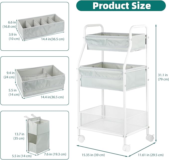 Moteph Rolling Utility Cart with Side Storage - Diaper Organizer, Nursery Essentials, and Craft Organizer (with_Side_Storage)-Ruum Studio Home